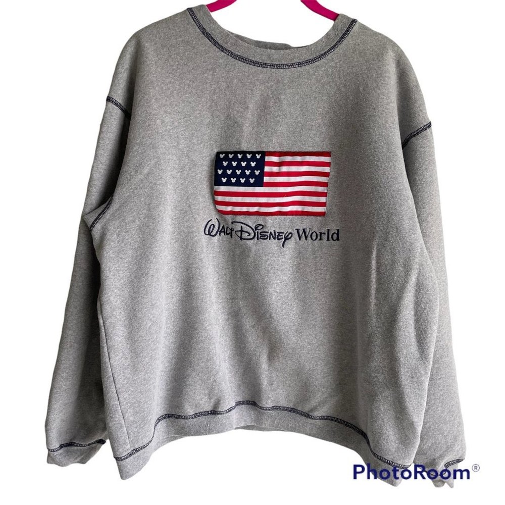 Vintage Walt Disney World Mickey Gray American Flag Sweatshirt, M